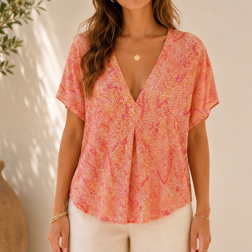Adrienne Snakeskin Print V-Neck Dolman Sleeve Barbiecore Blouse Large USA Made